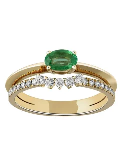 Bague double anneau or jaune émeraude diamants