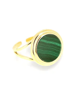 Bague large Zag Bijoux Mathéa acier doré malachite