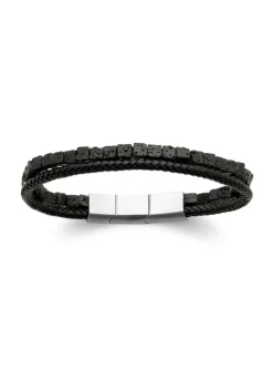 Bracelet homme Brillaxis cuir noir pierre de lave_x005f_x000D_21 cm