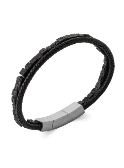 Bracelet homme Brillaxis cuir noir pierre de lave_x005f_x000D_21 cm