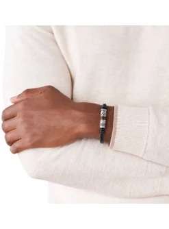 Bracelet homme Fossil cuir noir et perles en acier