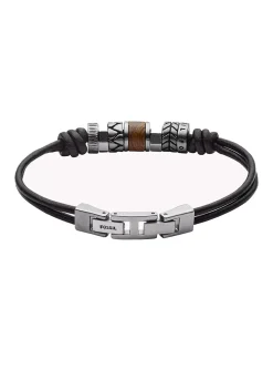Bracelet homme Fossil cuir noir et perles en acier