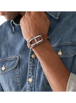 Bracelet homme Fossil Heritage D-Link cuir brun_x005f_x000D_motif ovale avec barette acier