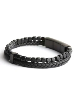 Bracelet homme Gemini agate noire/cuir M-L