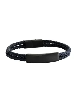 Bracelet homme Jourdan Côme_x005f_x000D_acier noir et cuir bleu