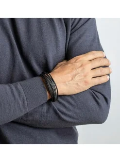 Bracelet homme Lotus multirang cuir noir acier