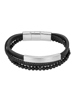 Bracelet Homme Lotus Style multi rang acier et cuir_x005f_x000D_noir