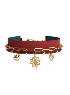 Bracelet Les Cadettes multirangs Nénuphar_x005f_x000D_cuir bleu pétrole et framboise