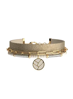 Bracelet Les Cadettes triple rangs lotus_x005f_x000D_cuir crème et paillettes dorées