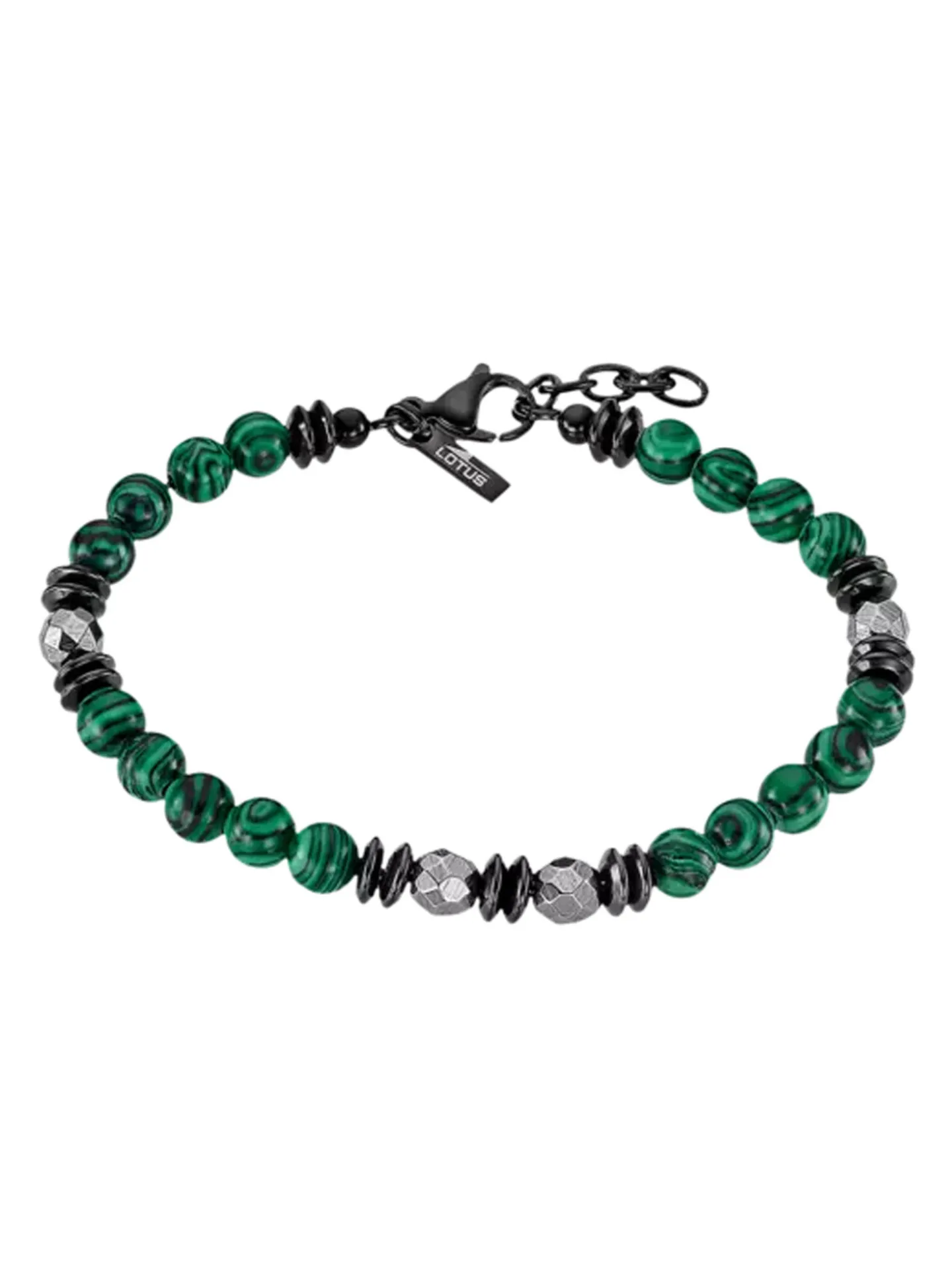 Bracelet Lotus Style Perles Vertes Acier Noir