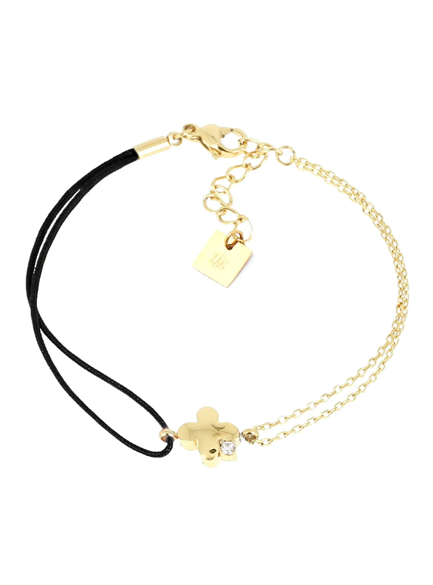 Bracelet Zag Bijoux Lyric trèfle acier doré_x005f_x000D_zirconium cordon noir