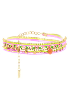 Bracelet Zag Bijoux multi-rangs rose et vert fluo_x005f_x000D_acier doré réglable