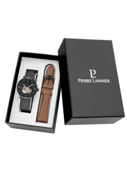 Coffret montre Pierre Lannier TRIO_x005f_x000D_Cadran Noir Bracelet Cuir Brun