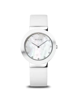 Montre femme Bering lunette céramique cuir blanc