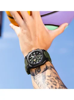 Montre Lotus carrée chrono caoutchouc vert kaki