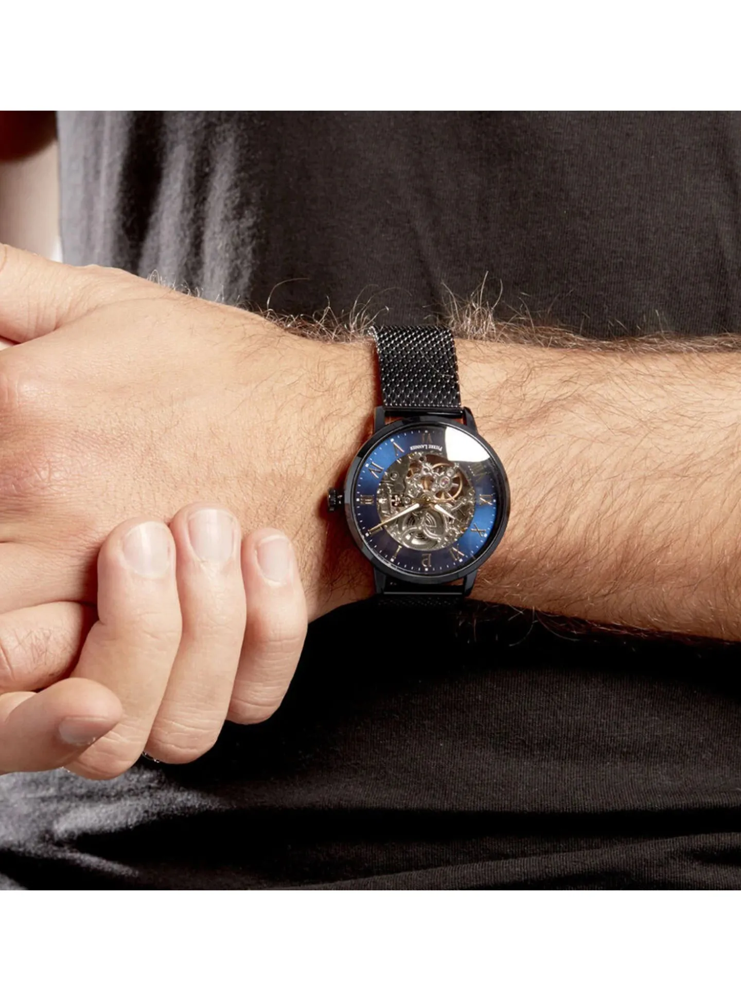 Montre Pierre Lannier automatique squelette_x005f_x000D_acier milanais bleu