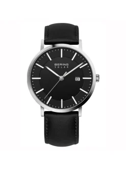 Montre solaire Bering cadran noir cuir noir_x005f_x000D_collection Slim Solar