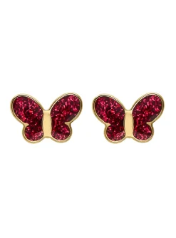 Puces d'oreilles papillon fuchsia or jaune 9 carats