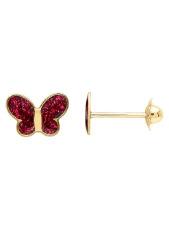 Puces d'oreilles papillon fuchsia or jaune 9 carats